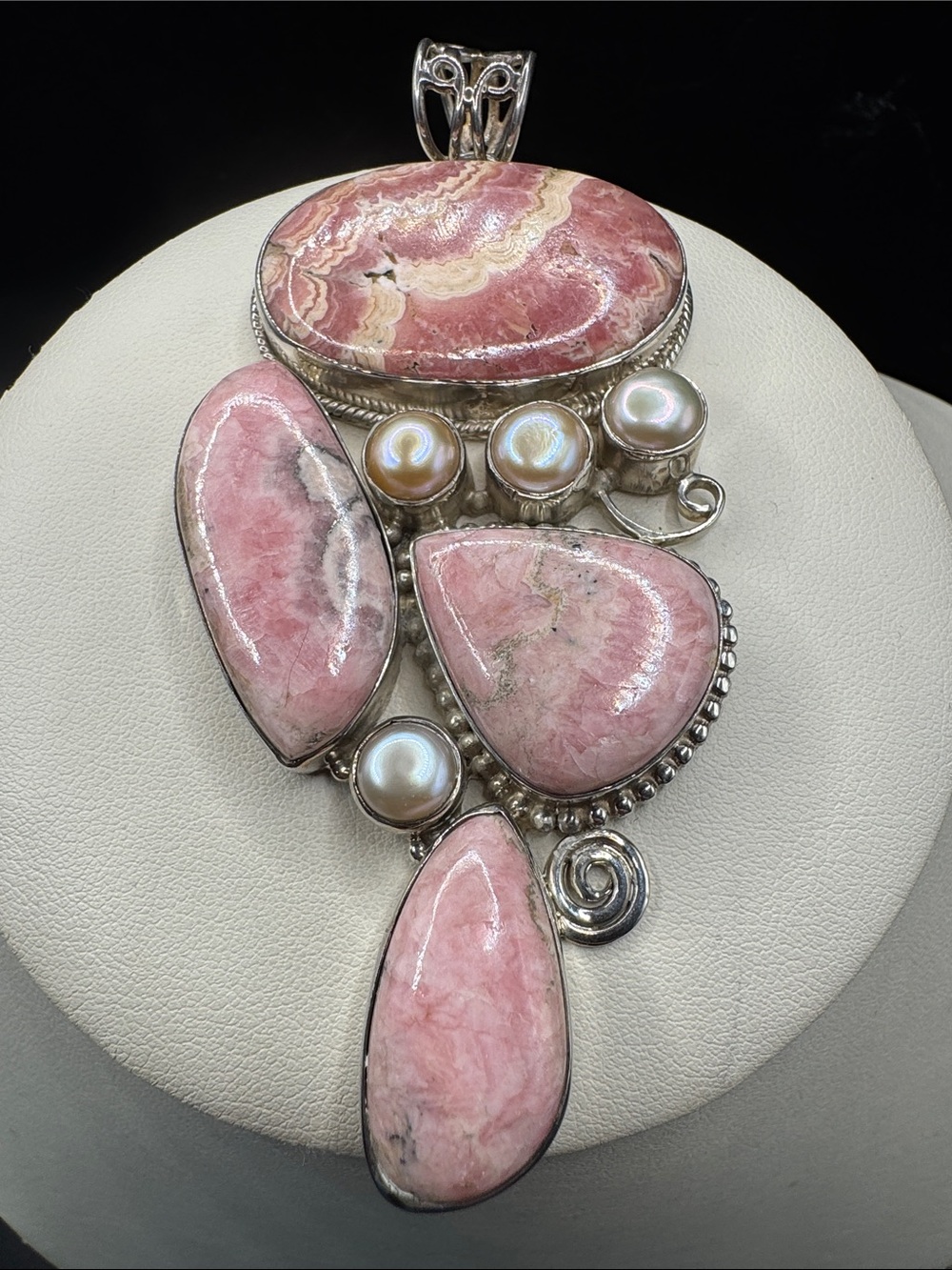 Sterling Silver Rhodochrosite and Pearl Pendant - 3.5 in Statement